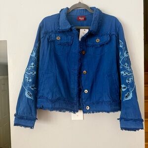 Avanti Vibrant Boho Electric Blue Embroidered Shacket | Frayed Hem